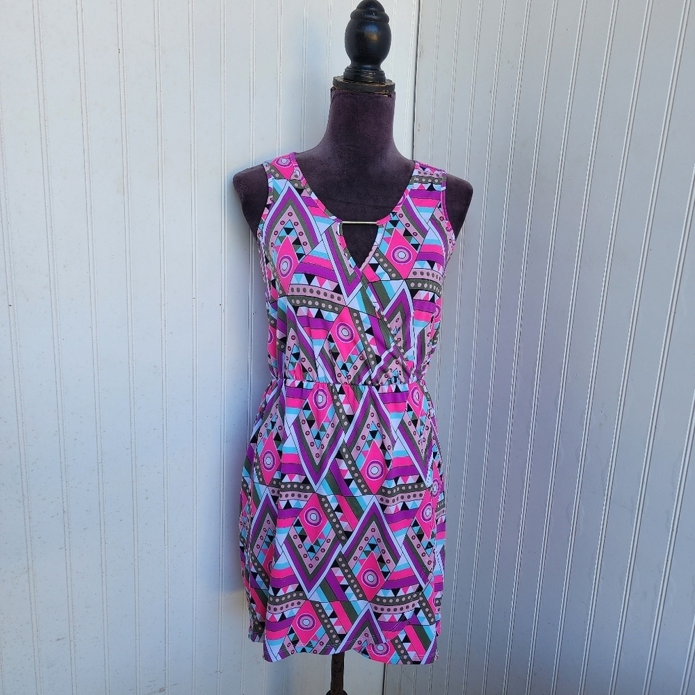 Macbeth Collection Sleeveless Mini Dress Geometric Women's Hot Pink Stretch Sz S